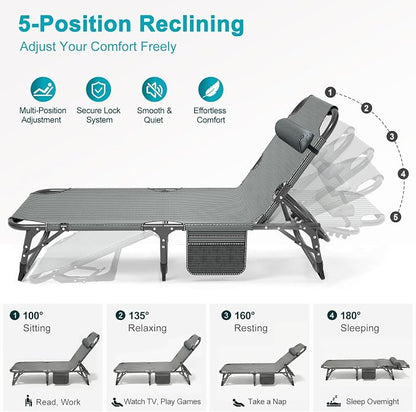 ABORON Tanning Chairs, 2 Pack, 5-Position Padded Folding Loungers | Set of 2 folding chaise lounges with 5-position backs, padded mats and pillows; supports up to 500 lb per chair.