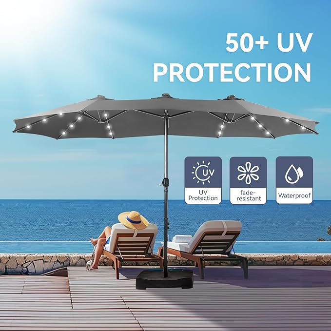 GREEN PARTY 15 ft Rectangle Patio Umbrella with Solar Lights and Base Included, Double-Sided Market Table Umbrella with Crank, Large Outdoor Umbrellas for Patio Poolside Garden Backyard, Smoky Gray