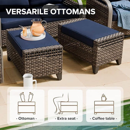 COOS BAY Modern Wicker Outdoor Furniture Set, Patio Conversation Set with 3 Seat Couch, and Ottomans, 3 Piece, Brown/Blue