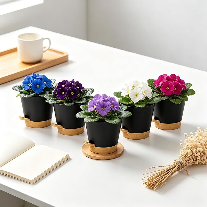 12 Pack 4 Inch African Violet Pots Self Watering, Self-Watering Planters with Drainage Holes & Reservoir, Black Brown Plastic Pots for Indoor Outdoor Plants, Succulents & Flowers