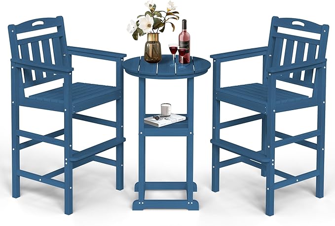 Ciokea Balcony Chairs and Table 3 Pieces Set, Outdoor High Top Bar Set, HDPE Oversized Adirondack Bar Chairs Set of 2 and Round Table for Outside Dining Bistro Poolside Backyard, Navy Blue