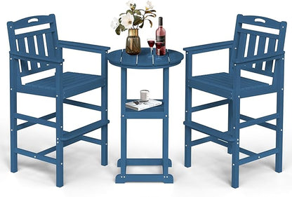Ciokea Balcony Chairs and Table 3 Pieces Set, Outdoor High Top Bar Set, HDPE Oversized Adirondack Bar Chairs Set of 2 and Round Table for Outside Dining Bistro Poolside Backyard, Navy Blue