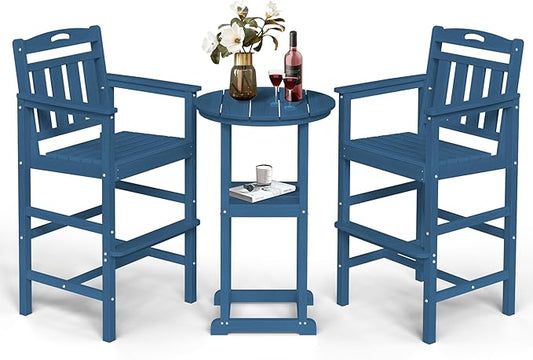 Ciokea Balcony Chairs and Table 3 Pieces Set, Outdoor High Top Bar Set, HDPE Oversized Adirondack Bar Chairs Set of 2 and Round Table for Outside Dining Bistro Poolside Backyard, Navy Blue