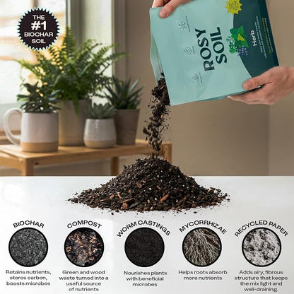 Rosy Soil Herb Mix - Organic Indoor and Outdoor Herb Soil - Biochar, Worm Castings, Mycorrhizae - Peat Free Potting Mix, Fast Draining - Basil Cilantro Lavender Thyme Mint Rosemary - 4qt