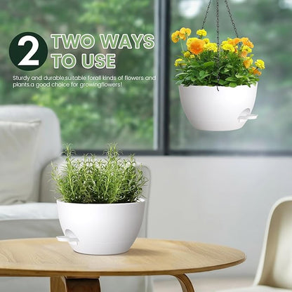 2 Pack 12 Hanging Flower Pots with Chains - Self Watering Plastic Planters for Indoor & Outdoor Plants, Sturdy Triangular Iron Chain Design for Garden PorchPlastic Hanging Flower pots (White)