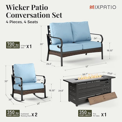 Patio Furniture Set with Firepit Table, Black Frame Outdoor Conversation Set with 2 x Rocking Chair, 1 x 2-Seat Sofa for Lawn Garden Backyard, Blue