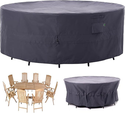 F&J Outdoors Patio Furniture Covers, Heavy Duty Tear Resistant Waterproof UV Resistant Windproof Outdoor Furniture Cover, Grey, 96" Dia x 33" H