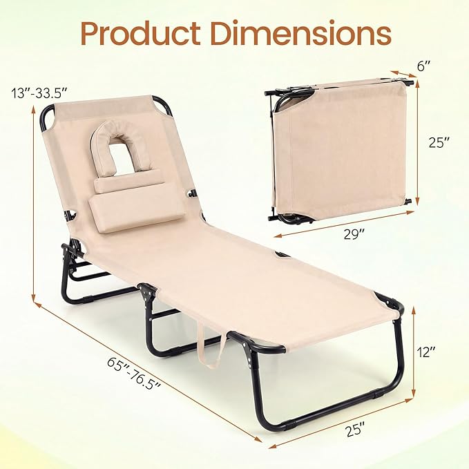 Giantex Tanning Chair, Adjustable Patio Lounge Chair w/Face Hole, Removable Pillows, Carry Strap, Layout Chair, Folding Beach Sunbathing Chair, Outdoor Chaise Lounge for Poolside Yard Lawn (1, Beige)