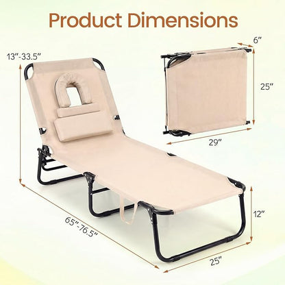 Giantex Tanning Chair, Adjustable Patio Lounge Chair w/Face Hole, Removable Pillows, Carry Strap, Layout Chair, Folding Beach Sunbathing Chair, Outdoor Chaise Lounge for Poolside Yard Lawn (1, Beige)