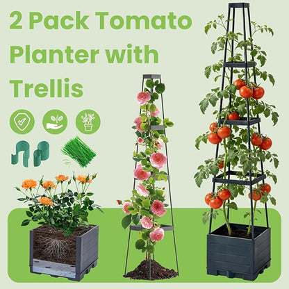 Lancisism 2 Pack Raised Garden Bed Tomato Planter with Trellis - 57" Self Watering Planter Box for Climbing Plants Vegetables Flowers - Garden Tomato Pots with Cage for Patio Greenhouse Indoor Outdoor