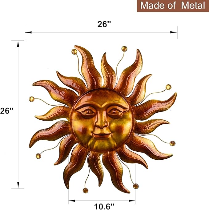 Metal Sun Wall Art Decor Outdoor 26'', Large Gold Sun Wall Decor Garden Metal Art Outside Hanging for Living Room, Bedroom, Fence, Yard, Porch, Balcony and Patio Decorations