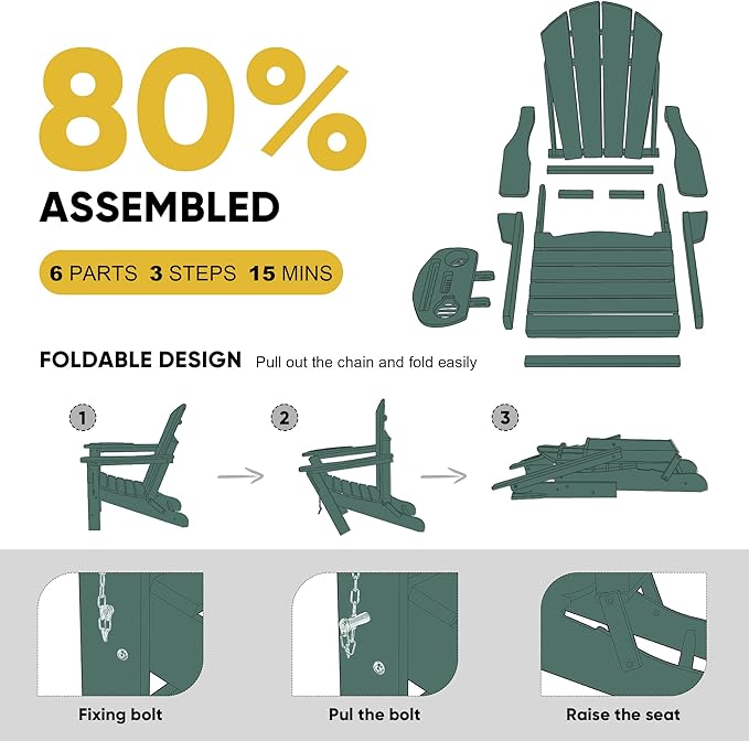 Adirondack Chair Set of 2, HDPE Folding Adirondack Chair with Multifunctional Cup Holder, Weather Resistant Fire Pit Chair for porches, patios, patios, poolsides, Decks.
