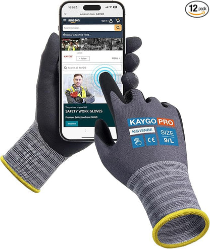 KAYGO Safety Work Gloves MicroFoam Nitrile Coated, 12 Pairs KG18NB,Seamless Knit Nylon Glove with full fingers Touchscreen, Ideal for General Purpose,Automotive, Black,L