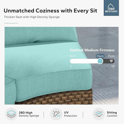 MFSTUDIO 7 Piece Extra Large Wicker Patio Furniture Set, 2 x Single Chair, 2 x Ottoman, 3-Seat Sofa, All-Weather Outdoor PE Rattan Patio Conversation Set for Garden, Backyard(Aqua Blue Cushions)