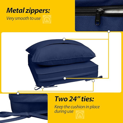 AAAAAcessories Outdoor Seat Cushions for Chairs, Fade-Resistant, Waterproof Patio Furniture Replacement Cushions, 24" x 24" x 5" + 24" x 19", Navy Blue