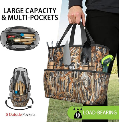 Green Camo Garden Tool Bag - Waterproof Garden Tote with 8 Pockets, Large Storage Home Organizer Gardening Tool Oxford Bag for Garden Tools Kits Holder, Ideal Outdoor Gardening Gift for Women & Men