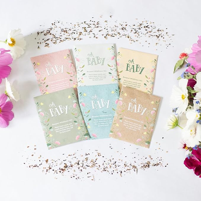 BENTLEY SEED CO. Oh Baby Flower Seeds Packets - Girl/Boy Baby Shower Favors - Pre-Filled, 25 Wildflower Seed Packs for Favor - Eco-Friendly Gift & Babys Guest Giveaways - Non-GMO Seeds - Brown