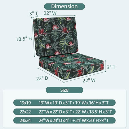 Favoyard Deep Seat Patio Cushion 22 x 22 x 3 in Waterproof Seat & Back Cushion Set with Color Fade Resisitant Pattern, Portable Handle, Attach Straps, Zipper on Removable Cover for Outdoor Furniture