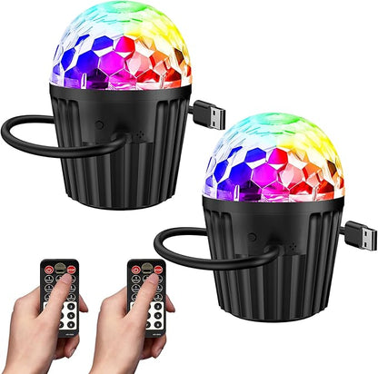 memzuoix 2-Pack Portable Mini Disco Ball Light for Party, RGB DJ Strobe Light with Remote Control and USB Cable, Sound Activated Stage Lights for Home Dance, Easter, Karaoke and Halloween Decoration