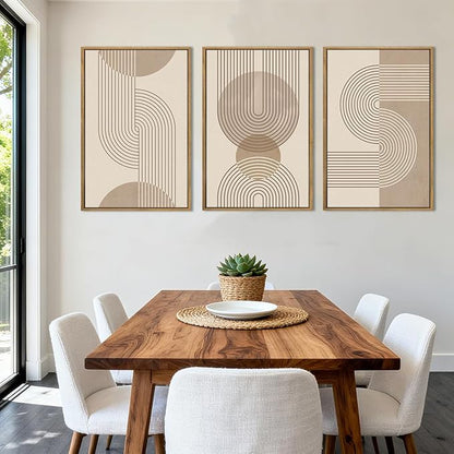 Anyzal Extra Large Boho Neutral Abstract Framed Wall Art 24x36 Inch Beige Modern Minimalist Canvas Wall Decor Mid-century Geometric Artwork for Living Room Bedroom Set of 3