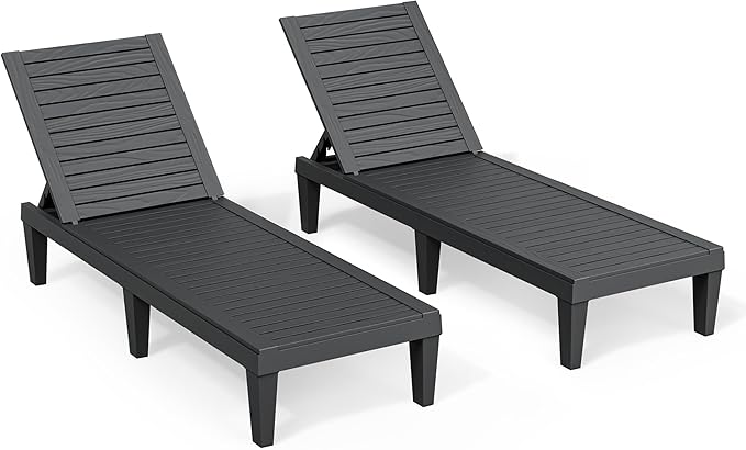 Outdoor Lounge Chairs Set of 2, 5-Position Adjustable Tanning Chairs with Wood Grain, All-Weather Resin Patio Recliners for Pool, Garden, Deck, Beach, Patio Lounge Chairs, Texture Black