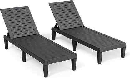 Outdoor Lounge Chairs Set of 2, 5-Position Adjustable Tanning Chairs with Wood Grain, All-Weather Resin Patio Recliners for Pool, Garden, Deck, Beach, Patio Lounge Chairs, Texture Black