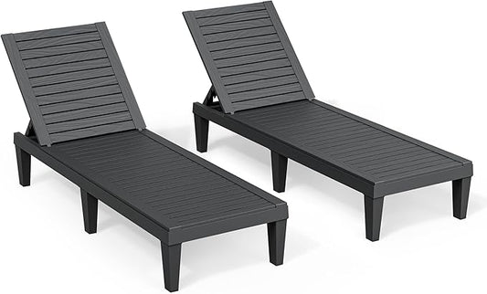 Outdoor Lounge Chairs Set of 2, 5-Position Adjustable Tanning Chairs with Wood Grain, All-Weather Resin Patio Recliners for Pool, Garden, Deck, Beach, Patio Lounge Chairs, Texture Black