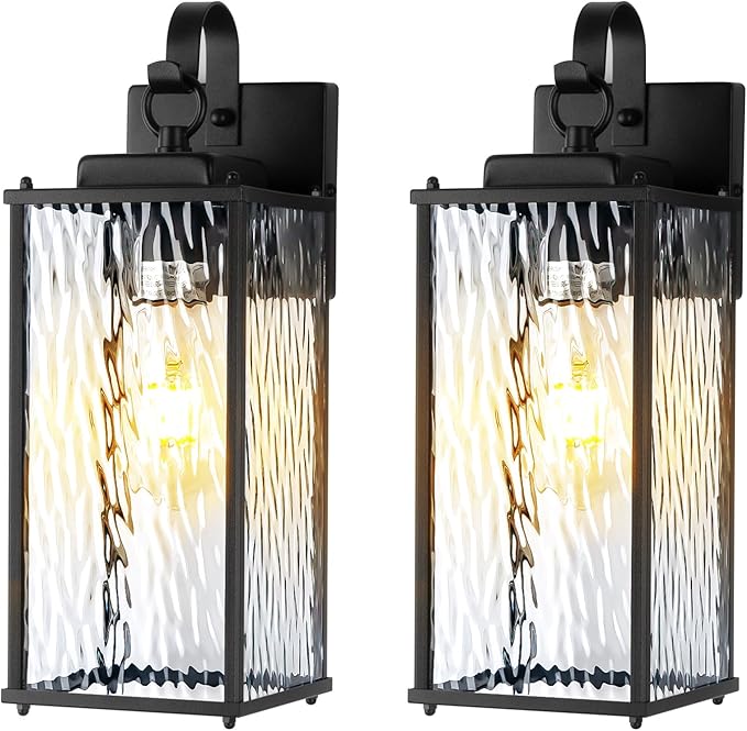 12 Inch Outdoor Wall Sconces with Water Ripple Glass 2-Pack, IP65 Waterproof Matte Black Exterior Light Fixtures Outside Lights for House Front Porch Lanterns Patio Garage Lights, E26