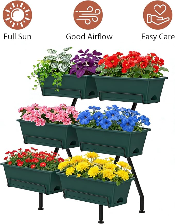 Vertical Raised Garden Bed 3 Tier Vertical Garden Planter with 6 Container Boxes Indoor Outdoor Standing Herb Planter with Drainage Holes Removable Tray for Small Space Patio Balcony Porch, Green