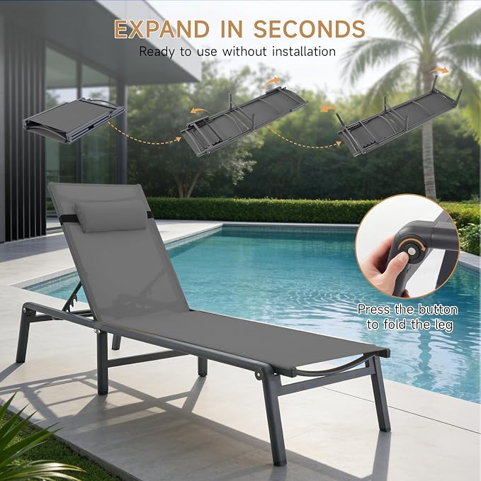 ONBRILL 2 PCS Chaise Lounge Chair Outdoor, Foldable & Assembly Free Outdoor Lounge Chair with 5 Position Adjustable Backrest, Aluminum Pool Lounge Chairs for Outside Poolside Patio Beach Lawn, Grey