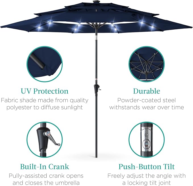 Best Choice Products 10ft 3-Tier Solar Patio Umbrella, Outdoor Market Sun Shade for Backyard, Deck, Poolside w/ 24 LED Lights, Tilt Adjustment, Easy Crank, 8 Ribs - Navy Blue