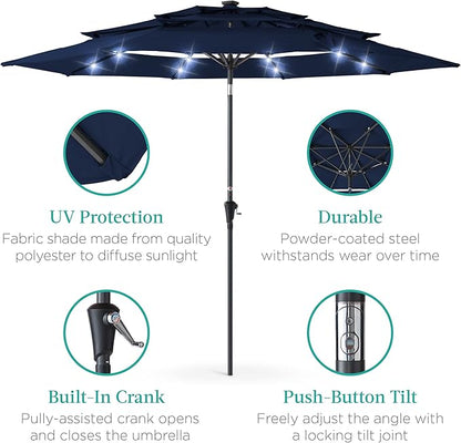 Best Choice Products 10ft 3-Tier Solar Patio Umbrella, Outdoor Market Sun Shade for Backyard, Deck, Poolside w/ 24 LED Lights, Tilt Adjustment, Easy Crank, 8 Ribs - Navy Blue