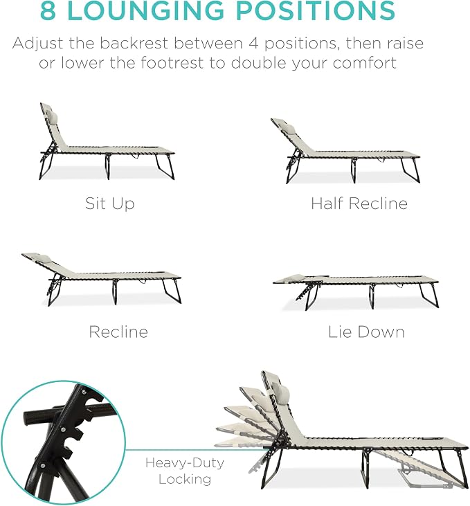Best Choice Products Extra Wide Patio Chaise Lounge Chair, Portable Outdoor Folding Recliner for Lawn, w/ 8 Positions, Handles, 440lb Capacity - Ivory