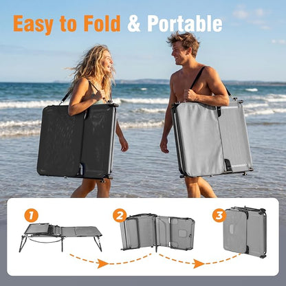 Tanning Chair with Face Hole & Canopy, 28'' Extra Wide, Support 400LBS | Folding Chaise Lounge Chair with 4-Position Adjustable Backrest for Beach, Pool, Patio & Camping, Light Grey