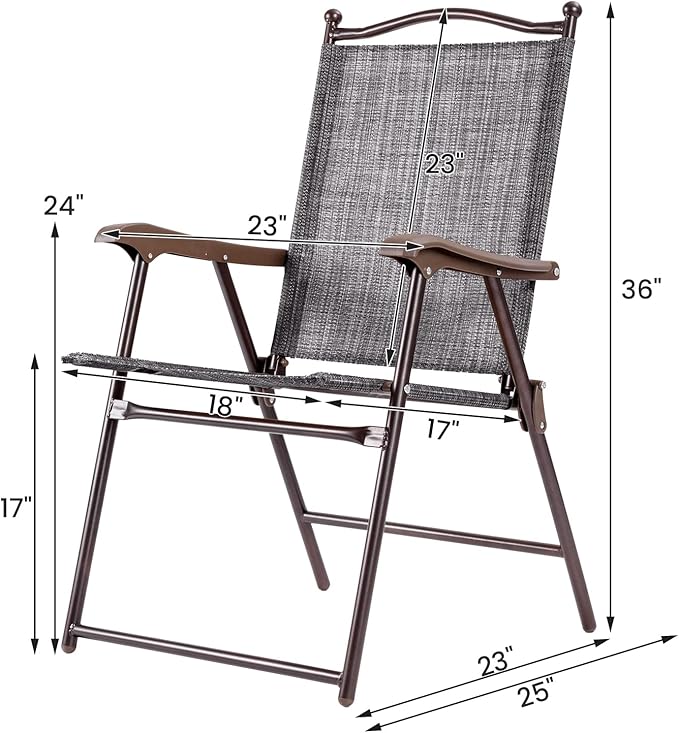 Tangkula Set of 4 Patio Folding Dining Chairs, Outdoor Sling Lawn Chairs with Armrests, Steel Frame, Portable Camping Lounge Chairs for Backyard, Deck, Poolside and Garden, No Assembly (2, Grey)