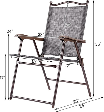 Tangkula Set of 4 Patio Folding Dining Chairs, Outdoor Sling Lawn Chairs with Armrests, Steel Frame, Portable Camping Lounge Chairs for Backyard, Deck, Poolside and Garden, No Assembly (2, Grey)