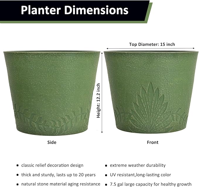 GreenShip 15 inch Large Planters, Set of 2 Relief Planters - Recycled Resin & Stone Composite Flower Pots - Weather Resistant Lightweight Garden Pots for Indoor Outdoor Plants (Olive)