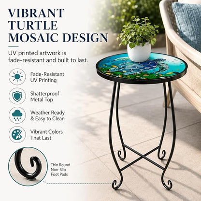 2-Pack 15 Inch Tall Mosaic Patio Side Tables Style, Metal Folding Turtle Table Set, Shatterproof Outdoor Patio Table for Porch Deck, Rust Resistant Small Garden Table (Set of 2)