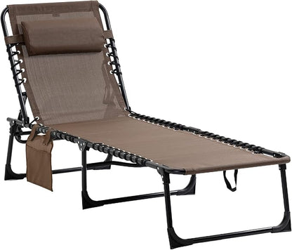 Outdoor Lounge Chair, Tanning Chair with Sunshade Roof, Adjustable Backrest Folding Chaise Lounge with Pillow Headrest for Outside, Beach, Camping, Hiking (No Sunshade Roof, Brown)