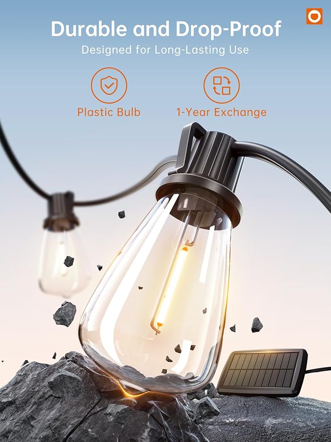 addlon 54FT(48+6) Solar String Lights Outdoor Waterproof with USB Port & Remote Control Dimmable Solar Patio Lights IP65 Solar Powered Edison LED Bulbs for Outside Bistro Camping
