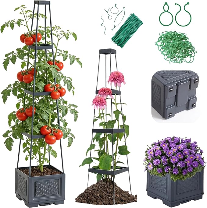Tomato Planter Box with Trellis - Self-Watering Rolling Raised Garden Bed with Tomato Cages for Climbing Plants - Tomato Trellis with Planter Support for Flower Vegetable Vine Indoor Outdoor