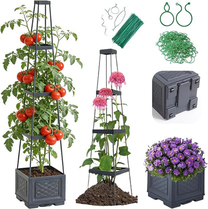 Tomato Planter Box with Trellis - Self-Watering Rolling Raised Garden Bed with Tomato Cages for Climbing Plants - Tomato Trellis with Planter Support for Flower Vegetable Vine Indoor Outdoor
