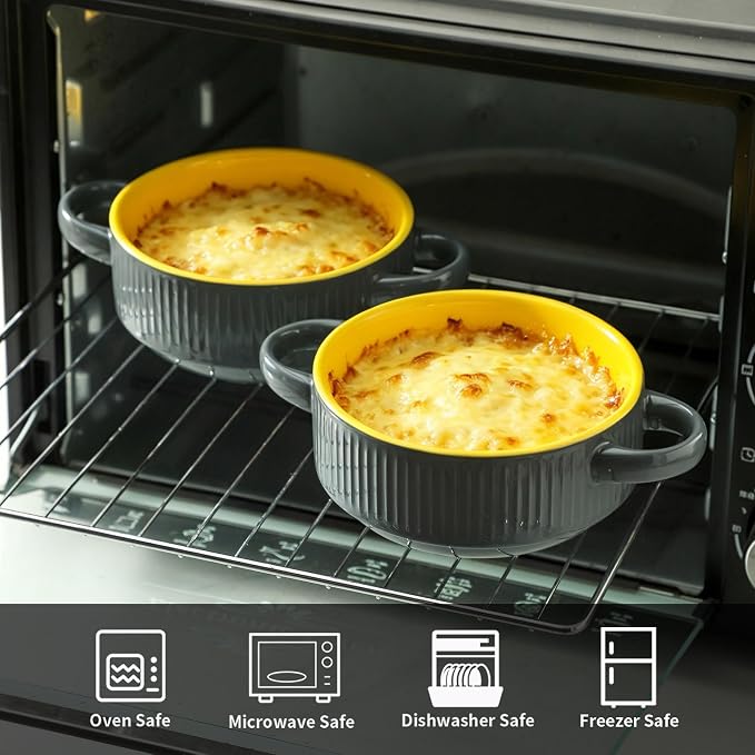 Soup Bowls with Handles, 23 oz French Onion Soup Crocks, Stackable Soup Bowl Oven Safe for Chili, Beef Stew, Embossment Ceramic Bowl Set - 5.4 Inch, Set of 4,Yellow Gray