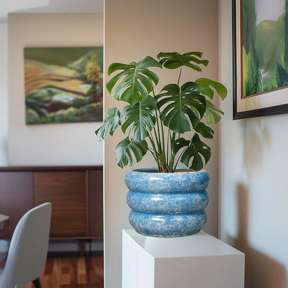 SQOWL 10 Inch Planter Pot - Ceramic Plant Pot with Drainage Hole Planter for Indoor Plants Large Flower Pot Decorative Plant Pot Outdoor Planter for Porch Decor Blue
