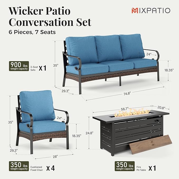 Patio Furniture Set with Firepit Table, Black Frame Outdoor Conversation Set with 2 x Fixed Chairs, 1 x 3-Seat Sofa for Lawn Garden Backyard, Navy Blue