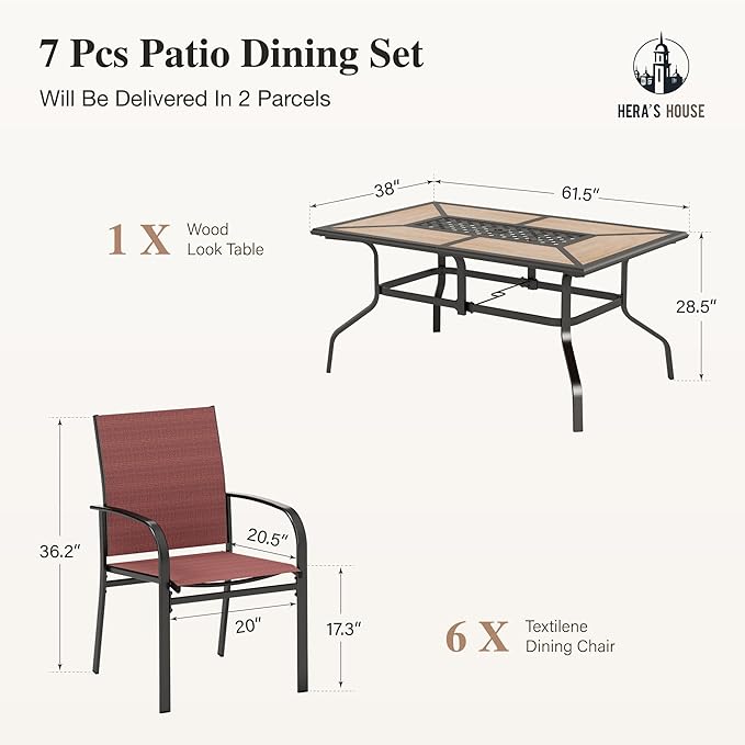 HERA'S HOUSE Patio Table and Chairs Set, 61" Rectangular Outdoor PVC Table with Umbrella Hole, 7 Pieces Outdoor Dining Furniture Sets with 6 Patio Chairs for Backyard Lawn Garden Porch(Red)