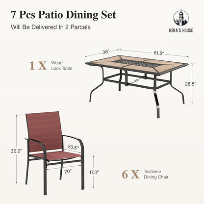 HERA'S HOUSE Patio Table and Chairs Set, 61" Rectangular Outdoor PVC Table with Umbrella Hole, 7 Pieces Outdoor Dining Furniture Sets with 6 Patio Chairs for Backyard Lawn Garden Porch(Red)