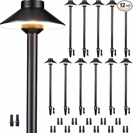 Gardenreet Solid Cast Brass Pathway Light - 12v LED Landscape Path Lights Outdoor Waterproof IP65, Electric Pathlights Wired, Hat Shape Black for Garden Decorations G4 Bulb Not Included (12 Pack)
