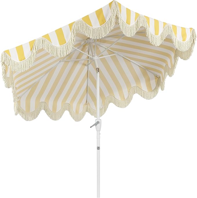 JONATHAN Y UMB1001 Collins 9 ft. Classic Cottage Tassel Market Patio Umbrella with Auto-Tilt, Crank, Wind Vent and UV Protection