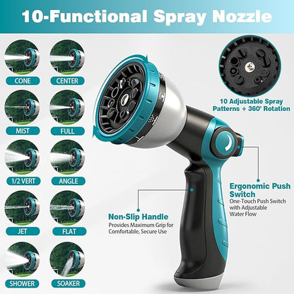 25FT Garden Hose, Kink-Free Non-Expandable Flexible Water Hose with 10-Pattern Spray Nozzle, Lightweight Leakproof Flat Hose with 3/4” Solid Brass Connector for Yard, Lawn & Outdoor Use